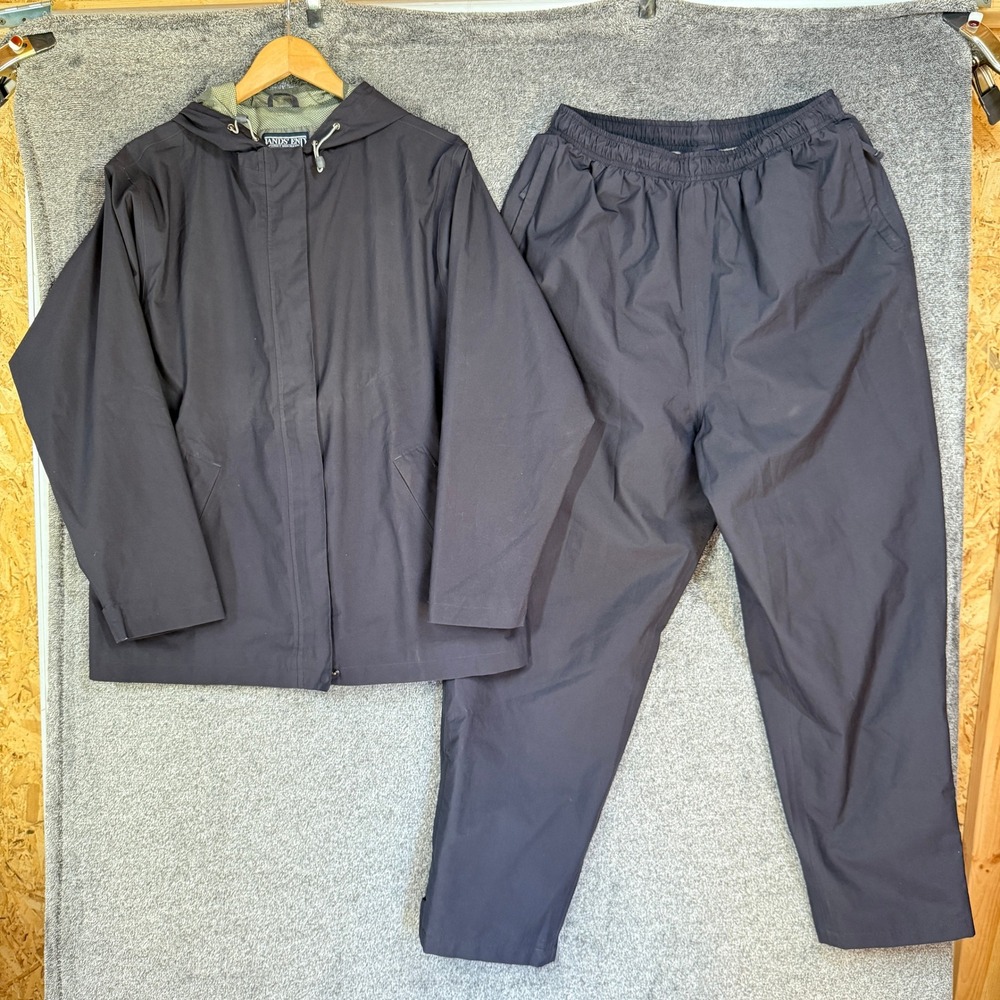 Lands End Gore-Tex Rain Suit Navy Blue Hooded Jacket and Pants Set Women L 14-16